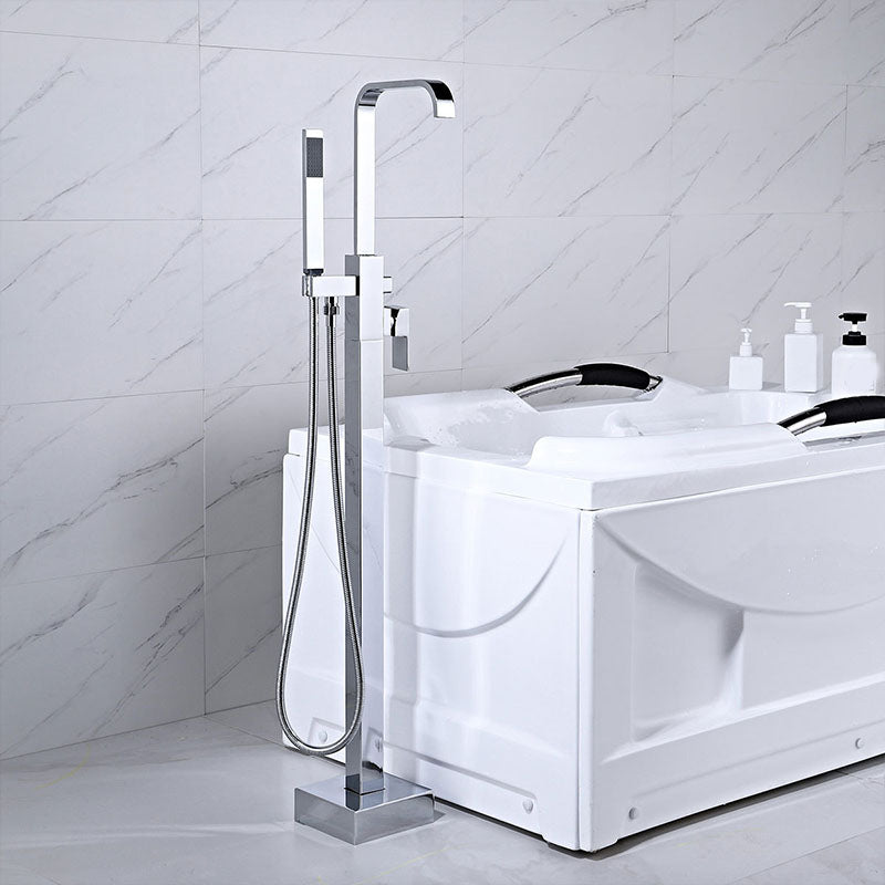 Modern Freestanding Tub Filler Trim Brass Floor Mounted with Risers Freestanding Faucet Silver Square Rectangle 7 Shape Clearhalo 'Bathroom Remodel & Bathroom Fixtures' 'Bathtub Faucets' 'bathtub_faucets' 'Home Improvement' 'home_improvement' 'home_improvement_bathtub_faucets' 7033852