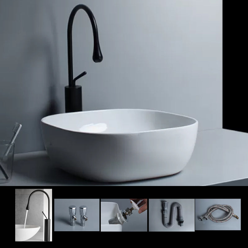 Traditional Vessel Bathroom Sink Porcelain with Faucet Basin Sink 16.5"L x 16.5"W x 5.7"H Gooseneck Sink with Faucet Clearhalo 'Bathroom Remodel & Bathroom Fixtures' 'Bathroom Sinks & Faucet Components' 'Bathroom Sinks' 'bathroom_sink' 'Home Improvement' 'home_improvement' 'home_improvement_bathroom_sink' 7034024