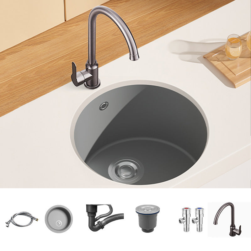 Quartz Kitchen Sink Round Single Bowl Kitchen Sink with Drain Assembly Sink with Faucet Big Curved Faucet Clearhalo 'Home Improvement' 'home_improvement' 'home_improvement_kitchen_sinks' 'Kitchen Remodel & Kitchen Fixtures' 'Kitchen Sinks & Faucet Components' 'Kitchen Sinks' 'kitchen_sinks' 7034071