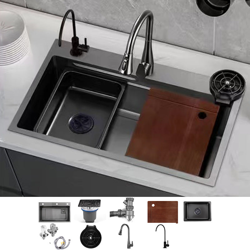 Black Kitchen Sink Single Bowl Cutting Board Top Mount Stainless Steel Kitchen Sink 29.5"L x 17.7"W x 8.3"H Sink with Faucet Double Tap for Water Purification Clearhalo 'Home Improvement' 'home_improvement' 'home_improvement_kitchen_sinks' 'Kitchen Remodel & Kitchen Fixtures' 'Kitchen Sinks & Faucet Components' 'Kitchen Sinks' 'kitchen_sinks' 7034101