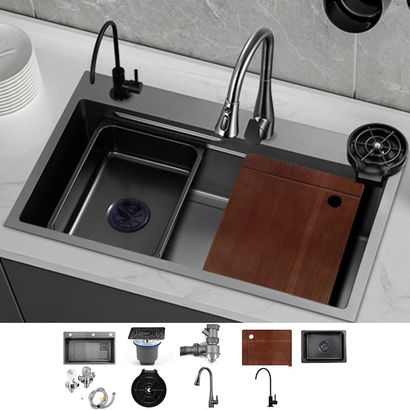 Black Kitchen Sink Single Bowl Cutting Board Top Mount Stainless Steel Kitchen Sink 27"L x 18"W x 8"H Sink with Faucet Double Tap for Water Purification Clearhalo 'Home Improvement' 'home_improvement' 'home_improvement_kitchen_sinks' 'Kitchen Remodel & Kitchen Fixtures' 'Kitchen Sinks & Faucet Components' 'Kitchen Sinks' 'kitchen_sinks' 7034102