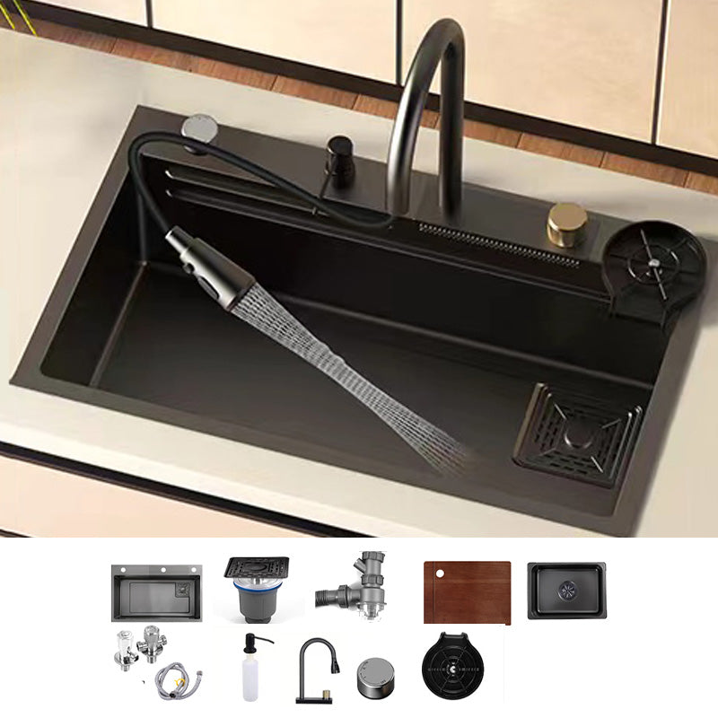 Black Kitchen Sink Single Bowl Cutting Board Top Mount Stainless Steel Kitchen Sink Sink with Faucet Flying Rain Pull Faucet Clearhalo 'Home Improvement' 'home_improvement' 'home_improvement_kitchen_sinks' 'Kitchen Remodel & Kitchen Fixtures' 'Kitchen Sinks & Faucet Components' 'Kitchen Sinks' 'kitchen_sinks' 7034104