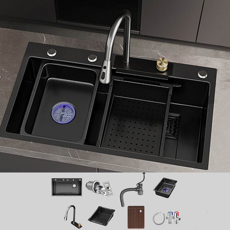 Single Bowl Kitchen Sink Black Stainless Steel Top Mount 3 Holes Sink with Strainer Sink with Faucet Pull Out Faucet Clearhalo 'Home Improvement' 'home_improvement' 'home_improvement_kitchen_sinks' 'Kitchen Remodel & Kitchen Fixtures' 'Kitchen Sinks & Faucet Components' 'Kitchen Sinks' 'kitchen_sinks' 7034121