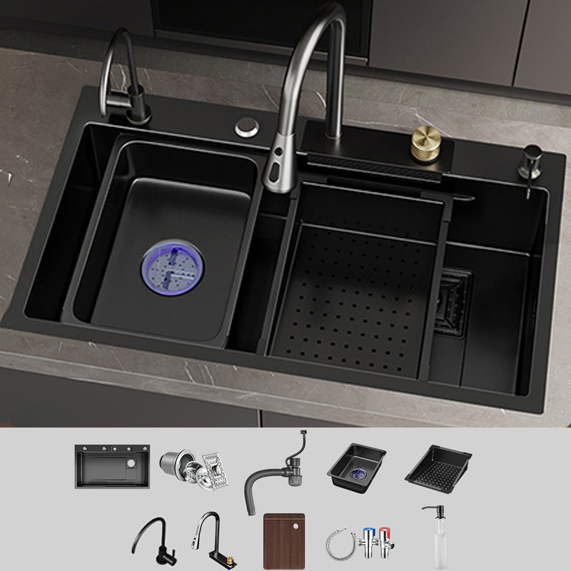 Single Bowl Kitchen Sink Black Stainless Steel Top Mount 3 Holes Sink with Strainer Sink with Faucet Pull Out Water Filter Double Faucet & Soap Dispenser Clearhalo 'Home Improvement' 'home_improvement' 'home_improvement_kitchen_sinks' 'Kitchen Remodel & Kitchen Fixtures' 'Kitchen Sinks & Faucet Components' 'Kitchen Sinks' 'kitchen_sinks' 7034122