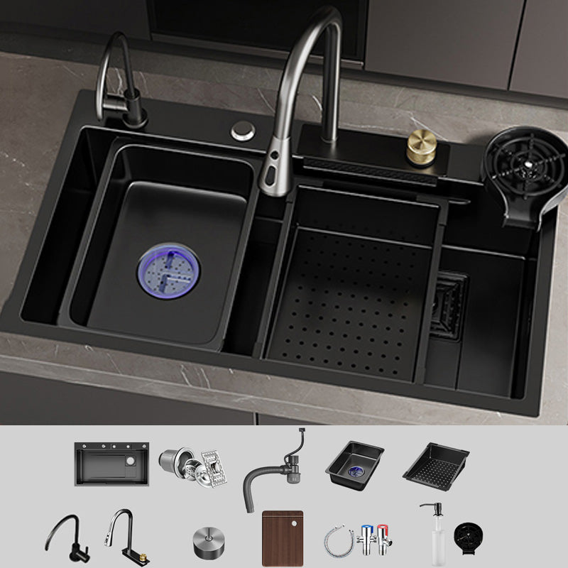Single Bowl Kitchen Sink Black Stainless Steel Top Mount 3 Holes Sink with Strainer Sink with Faucet Pull Out Filter Dual Faucet& Soap Dispenser & Cup Washer Clearhalo 'Home Improvement' 'home_improvement' 'home_improvement_kitchen_sinks' 'Kitchen Remodel & Kitchen Fixtures' 'Kitchen Sinks & Faucet Components' 'Kitchen Sinks' 'kitchen_sinks' 7034124