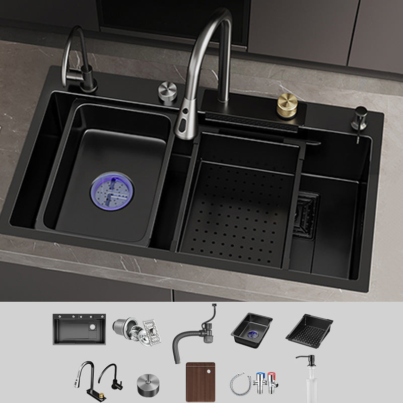 Single Bowl Kitchen Sink Black Stainless Steel Top Mount 3 Holes Sink with Strainer Sink with Faucet Pull Out Filter Double Faucet&Soap Dispenser&Deck Control Drain Clearhalo 'Home Improvement' 'home_improvement' 'home_improvement_kitchen_sinks' 'Kitchen Remodel & Kitchen Fixtures' 'Kitchen Sinks & Faucet Components' 'Kitchen Sinks' 'kitchen_sinks' 7034126