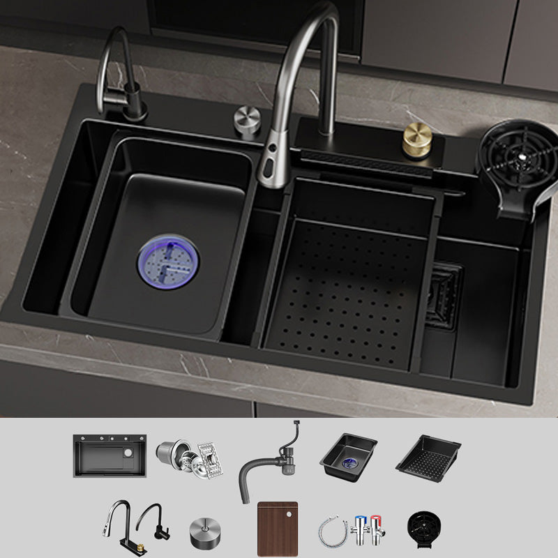 Single Bowl Kitchen Sink Black Stainless Steel Top Mount 3 Holes Sink with Strainer 27"L x 18"W x 8"H Sink with Faucet Pull Out Filter Double Faucet&Cup Washer&Deck Control Drain Clearhalo 'Home Improvement' 'home_improvement' 'home_improvement_kitchen_sinks' 'Kitchen Remodel & Kitchen Fixtures' 'Kitchen Sinks & Faucet Components' 'Kitchen Sinks' 'kitchen_sinks' 7034128