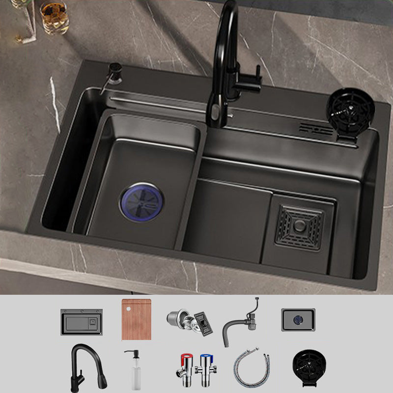 Single Bowl Kitchen Sink Black Stainless Steel Top Mount 3 Holes Sink with Strainer 27"L x 18"W x 8"H Sink with Faucet Pull Out Faucet & Soap Dispenser & Cup Washer Clearhalo 'Home Improvement' 'home_improvement' 'home_improvement_kitchen_sinks' 'Kitchen Remodel & Kitchen Fixtures' 'Kitchen Sinks & Faucet Components' 'Kitchen Sinks' 'kitchen_sinks' 7034130
