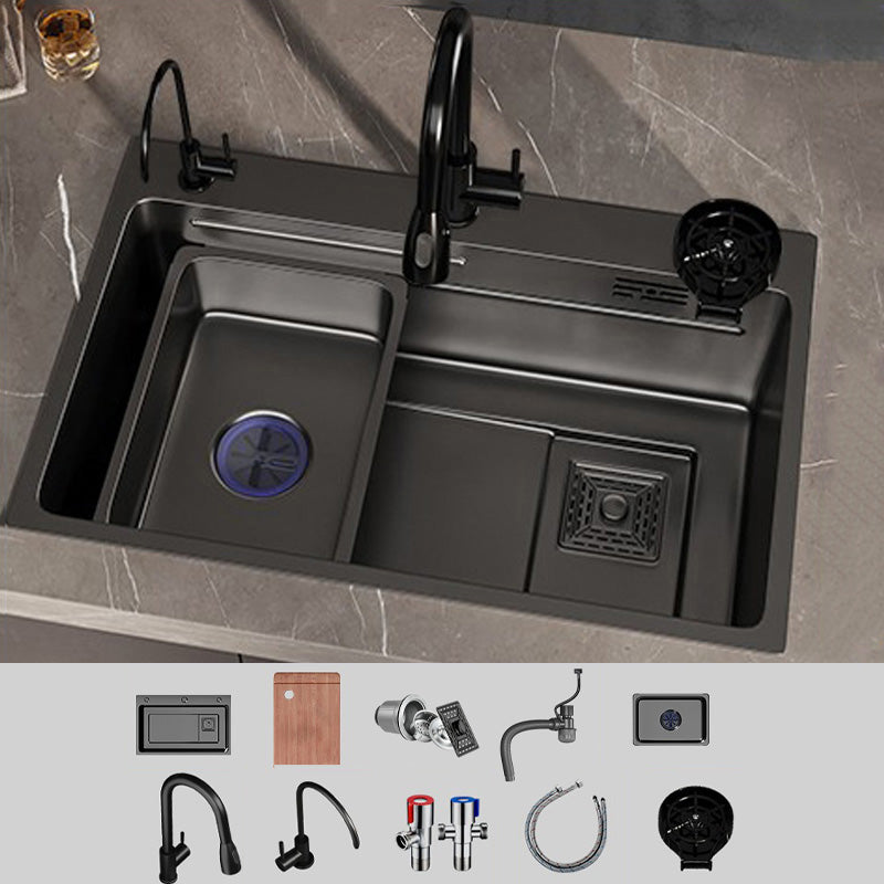 Single Bowl Kitchen Sink Black Stainless Steel Top Mount 3 Holes Sink with Strainer 29.5"L x 17.7"W x 8.3"H Sink with Faucet Pull Out Water Filter Double Faucet & Cup Washer Clearhalo 'Home Improvement' 'home_improvement' 'home_improvement_kitchen_sinks' 'Kitchen Remodel & Kitchen Fixtures' 'Kitchen Sinks & Faucet Components' 'Kitchen Sinks' 'kitchen_sinks' 7034132