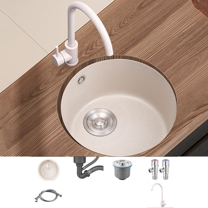 Round Kitchen Sink Quartz Single Bowl Kitchen Sink with Drain Assembly Sink with Faucet Big Curved Faucet Clearhalo 'Home Improvement' 'home_improvement' 'home_improvement_kitchen_sinks' 'Kitchen Remodel & Kitchen Fixtures' 'Kitchen Sinks & Faucet Components' 'Kitchen Sinks' 'kitchen_sinks' 7034192