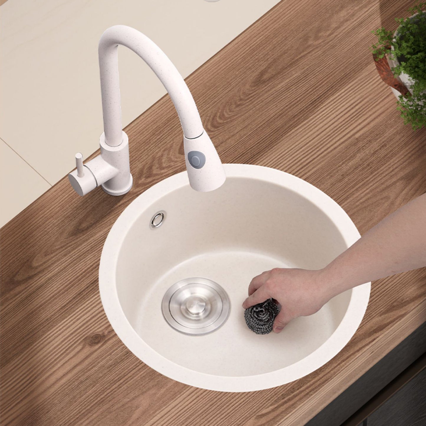 Round Kitchen Sink Quartz Single Bowl Kitchen Sink with Drain Assembly 11.8"L x 11.8"W x 7.3"H Sink with Faucet Pull Out Faucet Clearhalo 'Home Improvement' 'home_improvement' 'home_improvement_kitchen_sinks' 'Kitchen Remodel & Kitchen Fixtures' 'Kitchen Sinks & Faucet Components' 'Kitchen Sinks' 'kitchen_sinks' 7034199