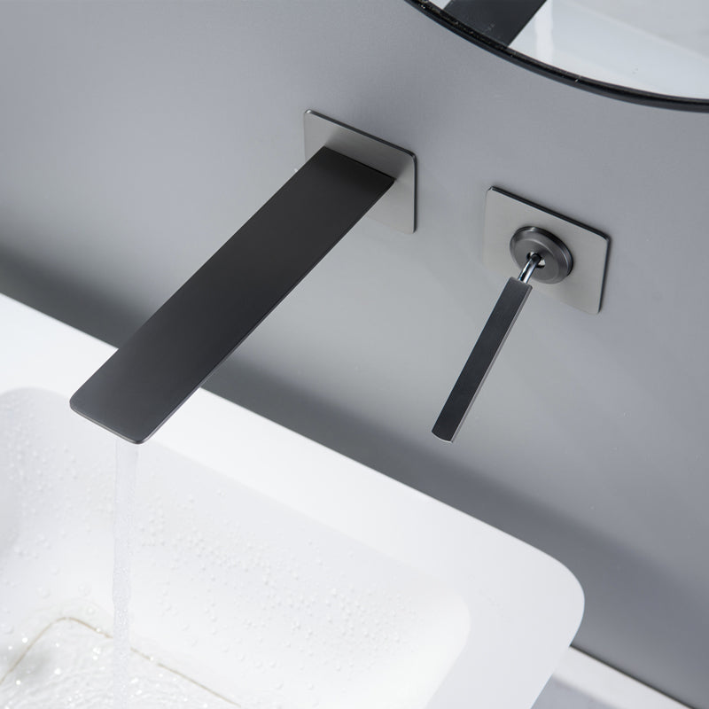 Modern Lavatory Faucet Single Handle Metal Wall Mounted Bathroom Faucet Grey Fission Clearhalo 'Bathroom Remodel & Bathroom Fixtures' 'Bathroom Sink Faucets' 'Bathroom Sinks & Faucet Components' 'bathroom_sink_faucets' 'Home Improvement' 'home_improvement' 'home_improvement_bathroom_sink_faucets' 7037669