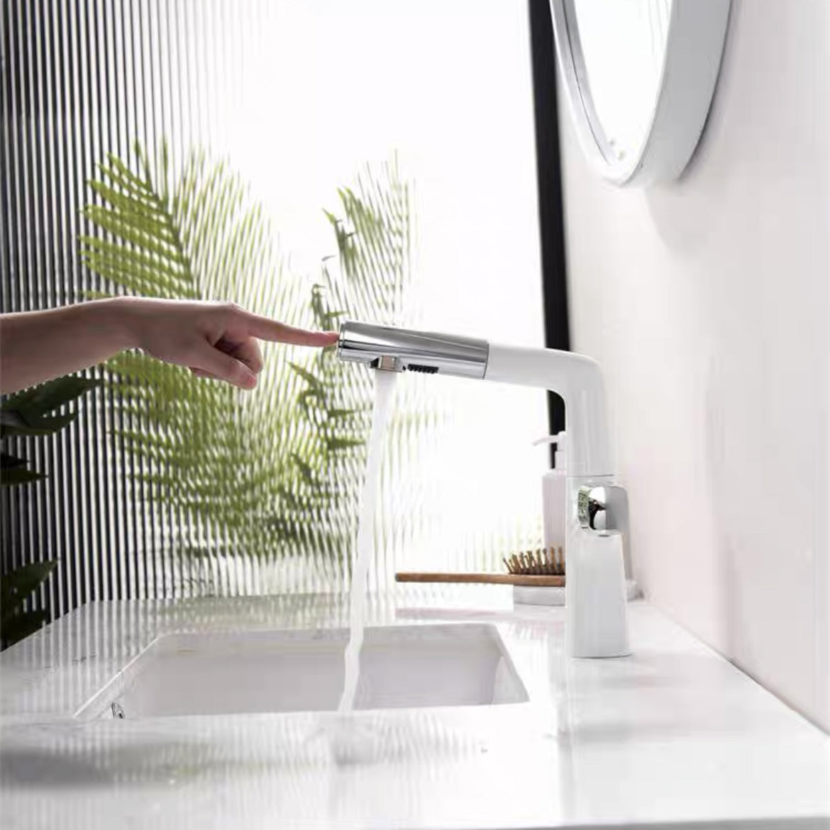 Modern Vessel Sink Bathroom Faucet Swivel Spout with Pull Out Sprayer Gloss White Knobs Clearhalo 'Bathroom Remodel & Bathroom Fixtures' 'Bathroom Sink Faucets' 'Bathroom Sinks & Faucet Components' 'bathroom_sink_faucets' 'Home Improvement' 'home_improvement' 'home_improvement_bathroom_sink_faucets' 7037757