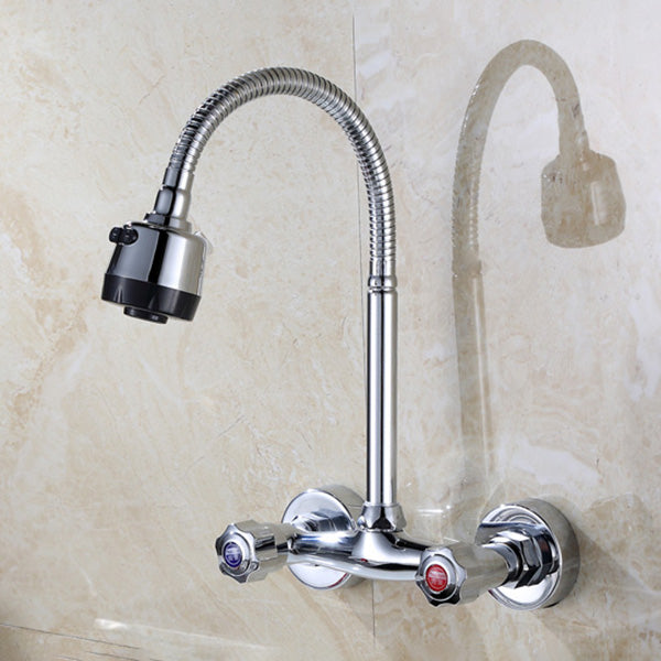 Contemporary Wall Mounted Kitchen Faucet High Arch Double Handles Water Filler in Chrome Clearhalo 'Home Improvement' 'home_improvement' 'home_improvement_kitchen_faucets' 'Kitchen Faucets' 'Kitchen Remodel & Kitchen Fixtures' 'Kitchen Sinks & Faucet Components' 'kitchen_faucets' 7037780
