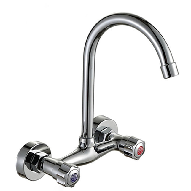 Contemporary Wall Mounted Kitchen Faucet High Arch Double Handles Water Filler in Chrome Brass Gooseneck Knob Handles Clearhalo 'Home Improvement' 'home_improvement' 'home_improvement_kitchen_faucets' 'Kitchen Faucets' 'Kitchen Remodel & Kitchen Fixtures' 'Kitchen Sinks & Faucet Components' 'kitchen_faucets' 7037781