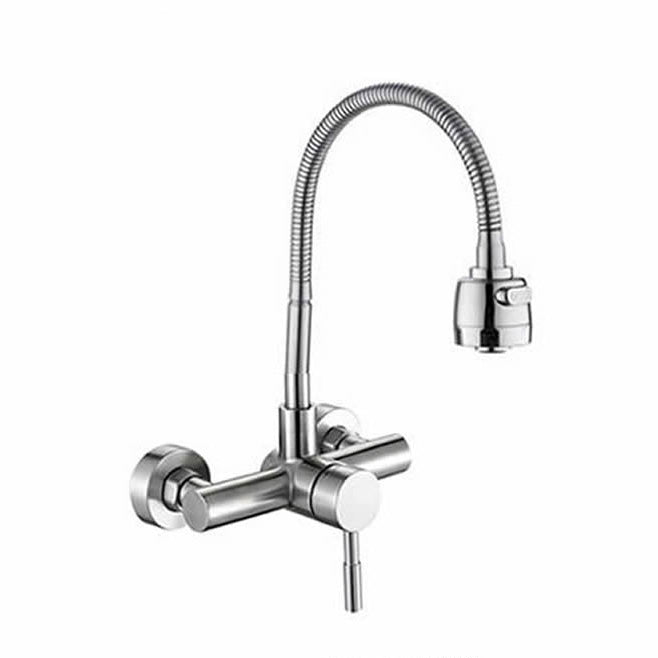 Contemporary Wall Mounted Kitchen Faucet High Arch Double Handles Water Filler in Chrome Stainless Steel Universal Lever Handles Clearhalo 'Home Improvement' 'home_improvement' 'home_improvement_kitchen_faucets' 'Kitchen Faucets' 'Kitchen Remodel & Kitchen Fixtures' 'Kitchen Sinks & Faucet Components' 'kitchen_faucets' 7037785