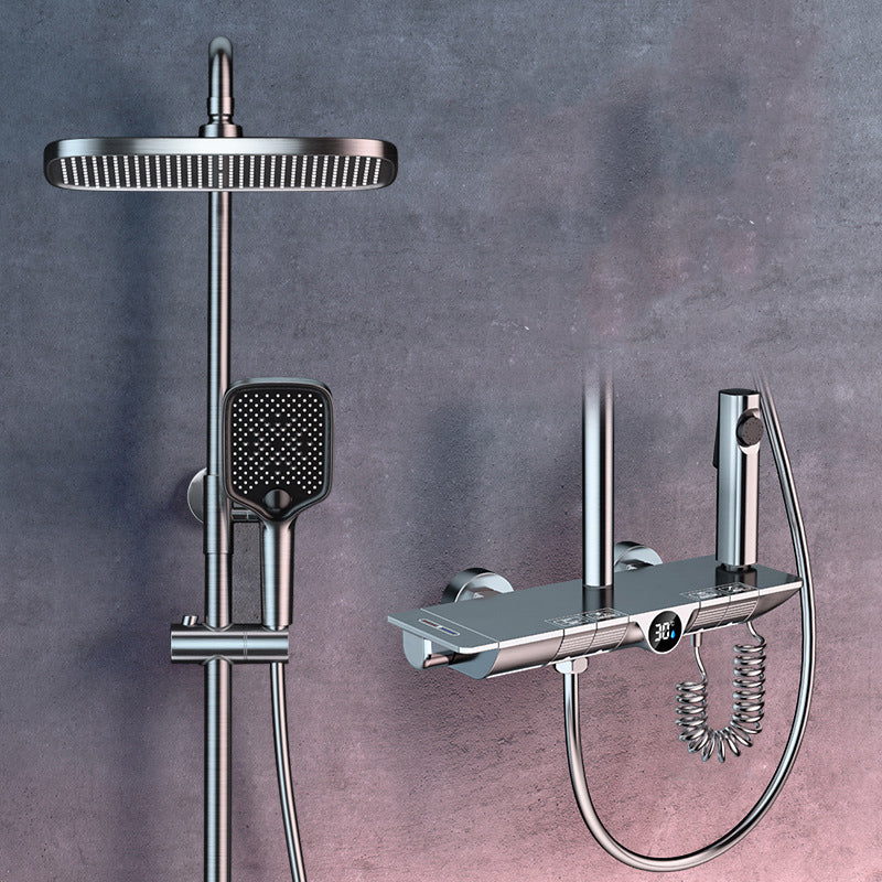 Brass Wall Mounted Shower Combo Adjustable Spray Pattern Shower System Grey Thermostatic Clearhalo 'Bathroom Remodel & Bathroom Fixtures' 'Home Improvement' 'home_improvement' 'home_improvement_shower_faucets' 'Shower Faucets & Systems' 'shower_faucets' 'Showers & Bathtubs Plumbing' 'Showers & Bathtubs' 7037799