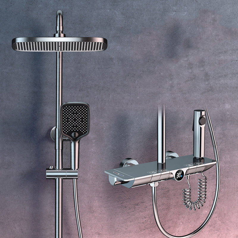 Brass Wall Mounted Shower Combo Adjustable Spray Pattern Shower System Grey Temperature Control Clearhalo 'Bathroom Remodel & Bathroom Fixtures' 'Home Improvement' 'home_improvement' 'home_improvement_shower_faucets' 'Shower Faucets & Systems' 'shower_faucets' 'Showers & Bathtubs Plumbing' 'Showers & Bathtubs' 7037805