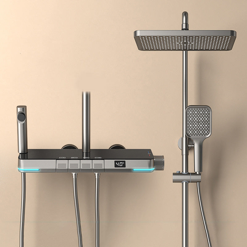 Modern Style Wall Mounted Shower Combo with Thermostatic Shower System Grey Thermostatic Clearhalo 'Bathroom Remodel & Bathroom Fixtures' 'Home Improvement' 'home_improvement' 'home_improvement_shower_faucets' 'Shower Faucets & Systems' 'shower_faucets' 'Showers & Bathtubs Plumbing' 'Showers & Bathtubs' 7037844