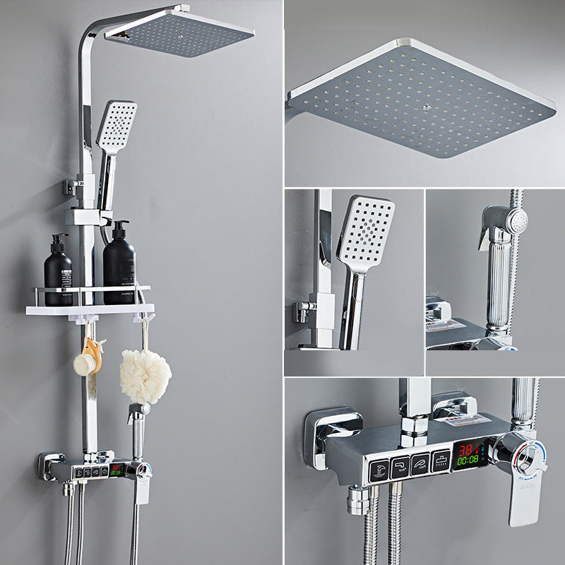 Modern Style Brass Shower System Adjustable Spray Pattern Wall Mounted Shower Combo Silver Thermostatic Digital Display Included Clearhalo 'Bathroom Remodel & Bathroom Fixtures' 'Home Improvement' 'home_improvement' 'home_improvement_shower_faucets' 'Shower Faucets & Systems' 'shower_faucets' 'Showers & Bathtubs Plumbing' 'Showers & Bathtubs' 7037919