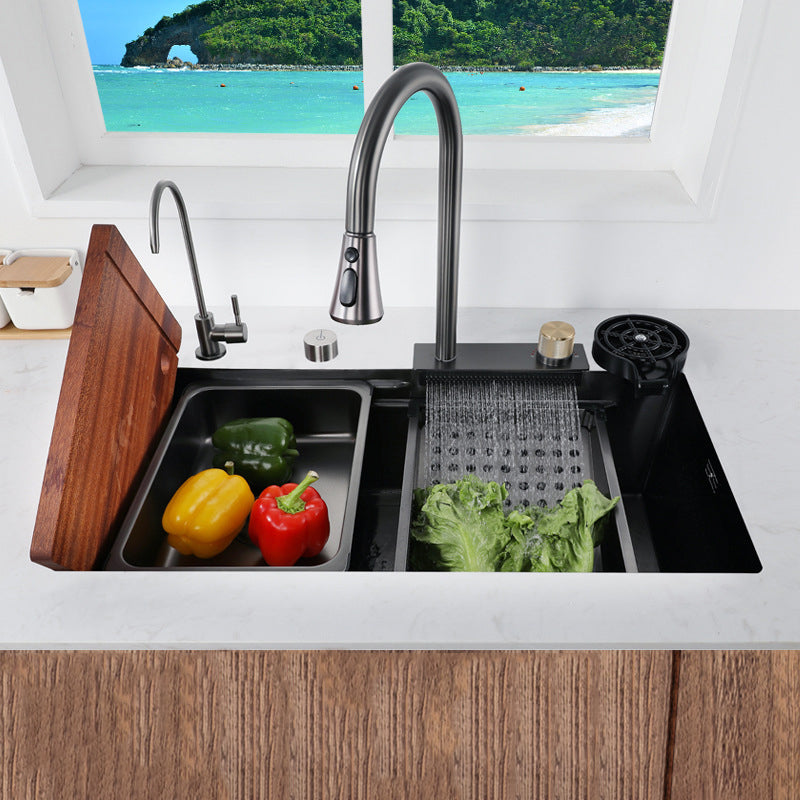Modern Kitchen Sink Stainless Steel Noise-cancelling Drop-In Kitchen Sink with Faucet 30"L x 18"W x 9"H Sink with Faucet Pull Out Water Filter Double Faucet & Cup Washer Clearhalo 'Home Improvement' 'home_improvement' 'home_improvement_kitchen_sinks' 'Kitchen Remodel & Kitchen Fixtures' 'Kitchen Sinks & Faucet Components' 'Kitchen Sinks' 'kitchen_sinks' 7038040