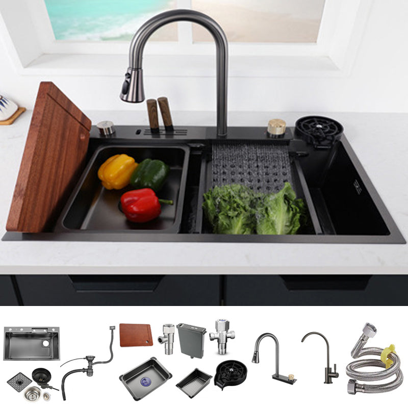 Modern Kitchen Sink Stainless Steel Noise-cancelling Drop-In Kitchen Sink with Faucet 30"L x 18"W x 9"H Sink with Faucet Pull Out Filter Dual Faucet & Cup Washer & Knife Carrier Clearhalo 'Home Improvement' 'home_improvement' 'home_improvement_kitchen_sinks' 'Kitchen Remodel & Kitchen Fixtures' 'Kitchen Sinks & Faucet Components' 'Kitchen Sinks' 'kitchen_sinks' 7038041