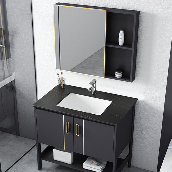 Single Sink Vanity Shelving Included Metal Frame 2 Doors Freestanding Modern Vanity Vanity & Faucet & Mirror Cabinet 32"L x 19"W x 30"H Black Clearhalo 'Bathroom Remodel & Bathroom Fixtures' 'Bathroom Vanities' 'bathroom_vanities' 'Home Improvement' 'home_improvement' 'home_improvement_bathroom_vanities' 7038119