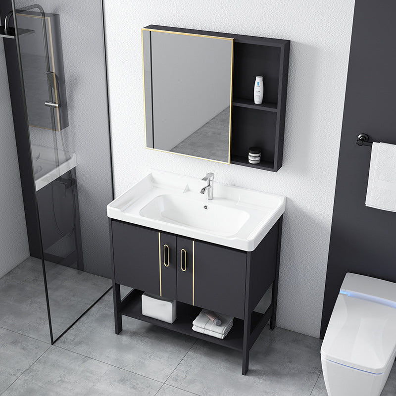 Single Sink Vanity Shelving Included Metal Frame 2 Doors Freestanding Modern Vanity Vanity & Faucet & Mirror Cabinet 28"L x 18.9"W x 31.9"H White Clearhalo 'Bathroom Remodel & Bathroom Fixtures' 'Bathroom Vanities' 'bathroom_vanities' 'Home Improvement' 'home_improvement' 'home_improvement_bathroom_vanities' 7038121