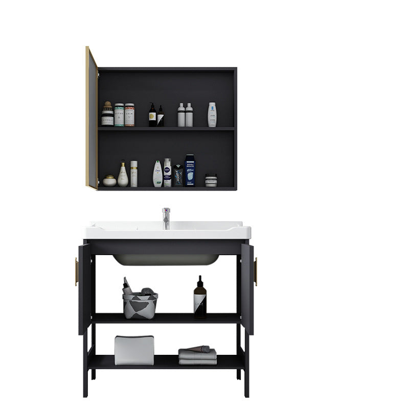 Single Sink Vanity Shelving Included Metal Frame 2 Doors Freestanding Modern Vanity Clearhalo 'Bathroom Remodel & Bathroom Fixtures' 'Bathroom Vanities' 'bathroom_vanities' 'Home Improvement' 'home_improvement' 'home_improvement_bathroom_vanities' 7038126
