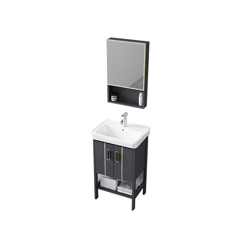 Single Sink Vanity Shelving Included Metal Frame 2 Doors Freestanding Modern Vanity Vanity & Faucet & Mirror Cabinet 20.1"L x 14.2"W x 31.9"H White Clearhalo 'Bathroom Remodel & Bathroom Fixtures' 'Bathroom Vanities' 'bathroom_vanities' 'Home Improvement' 'home_improvement' 'home_improvement_bathroom_vanities' 7038130
