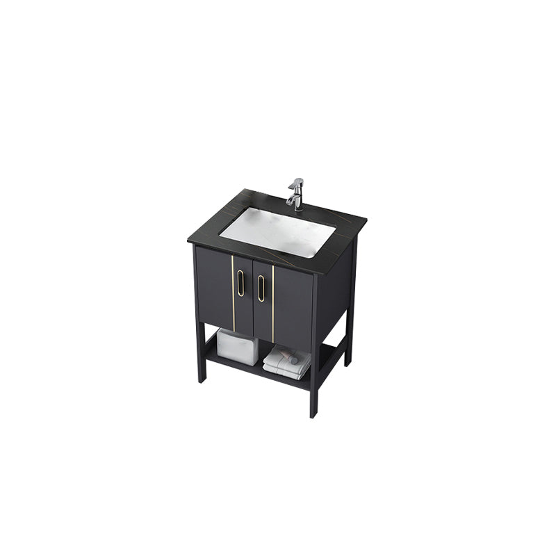 Single Sink Vanity Shelving Included Metal Frame 2 Doors Freestanding Modern Vanity Vanity & Faucet 24"L x 16"W x 30"H Black Clearhalo 'Bathroom Remodel & Bathroom Fixtures' 'Bathroom Vanities' 'bathroom_vanities' 'Home Improvement' 'home_improvement' 'home_improvement_bathroom_vanities' 7038138