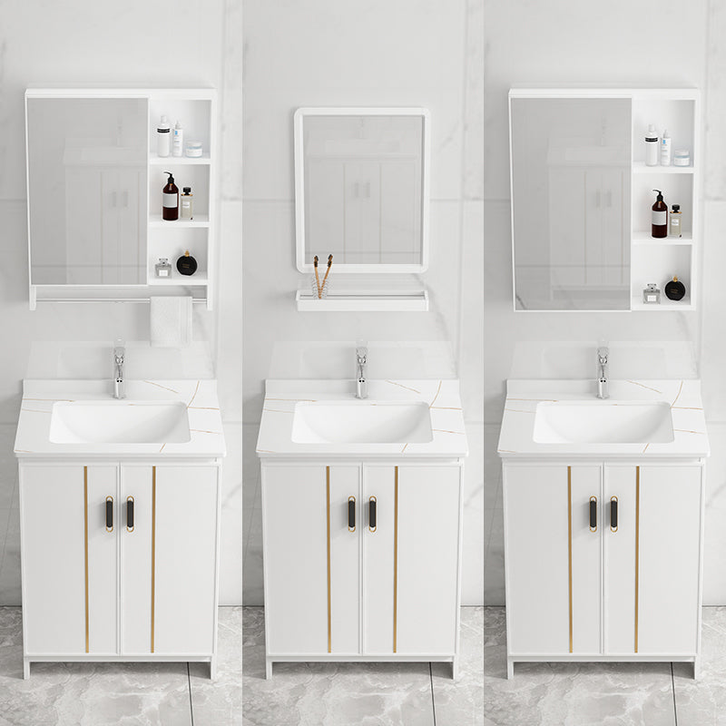 Single Sink Vanity Set White Mirror 2 Doors Freestanding Metal Frame Vanity Clearhalo 'Bathroom Remodel & Bathroom Fixtures' 'Bathroom Vanities' 'bathroom_vanities' 'Home Improvement' 'home_improvement' 'home_improvement_bathroom_vanities' 7038219