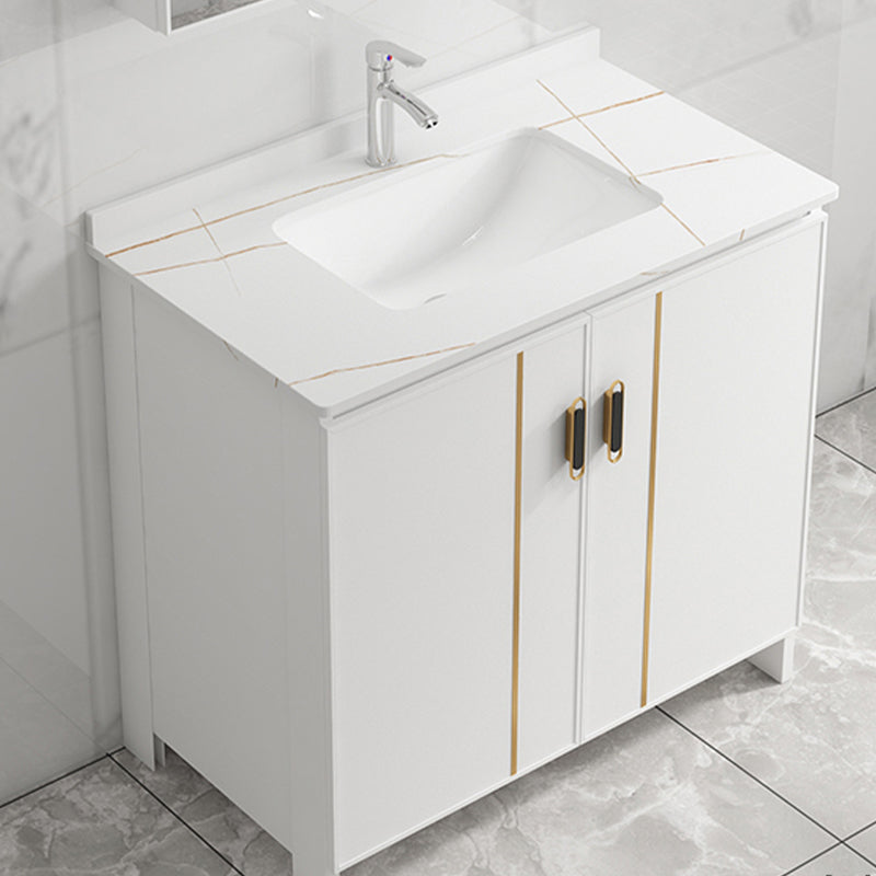 Single Sink Vanity Set White Mirror 2 Doors Freestanding Metal Frame Vanity Clearhalo 'Bathroom Remodel & Bathroom Fixtures' 'Bathroom Vanities' 'bathroom_vanities' 'Home Improvement' 'home_improvement' 'home_improvement_bathroom_vanities' 7038223