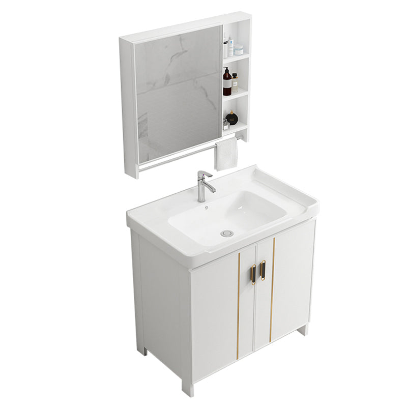 Glam Vanity Rectangle Mirror Metal Frame White Bathroom Vanity with Single Sink Vanity & Faucet & Mirror Cabinet 32"L x 19"W x 32"H Towel Bar Included Clearhalo 'Bathroom Remodel & Bathroom Fixtures' 'Bathroom Vanities' 'bathroom_vanities' 'Home Improvement' 'home_improvement' 'home_improvement_bathroom_vanities' 7038275