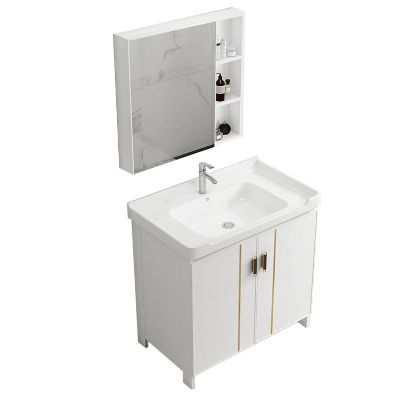 Glam Vanity Rectangle Mirror Metal Frame White Bathroom Vanity with Single Sink Vanity & Faucet & Mirror Cabinet 32"L x 19"W x 32"H Towel Bar Not Included Clearhalo 'Bathroom Remodel & Bathroom Fixtures' 'Bathroom Vanities' 'bathroom_vanities' 'Home Improvement' 'home_improvement' 'home_improvement_bathroom_vanities' 7038277