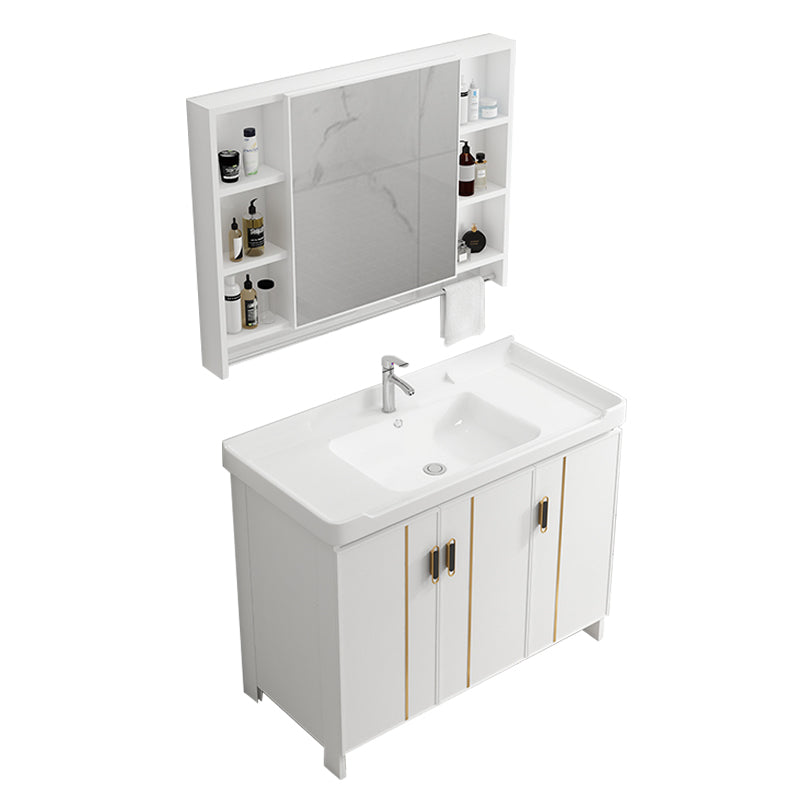 Glam Vanity Rectangle Mirror Metal Frame White Bathroom Vanity with Single Sink Vanity & Faucet & Mirror Cabinet Towel Bar Included Clearhalo 'Bathroom Remodel & Bathroom Fixtures' 'Bathroom Vanities' 'bathroom_vanities' 'Home Improvement' 'home_improvement' 'home_improvement_bathroom_vanities' 7038279