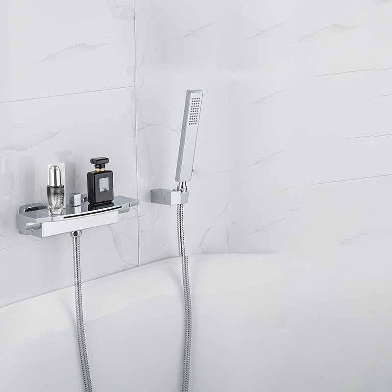 Two Handle Bathroom Faucet Wall Mounted Fixed Tub Faucet Trim Chrome Hand Shower Included Clearhalo 'Bathroom Remodel & Bathroom Fixtures' 'Bathtub Faucets' 'bathtub_faucets' 'Home Improvement' 'home_improvement' 'home_improvement_bathtub_faucets' 7038418