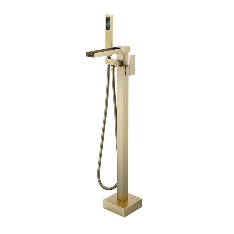 Floor Mounted Bronzel Freestanding Tub Filler Single Handle Freestanding Faucet with Hose Gold Waterfall Faucet Included Clearhalo 'Bathroom Remodel & Bathroom Fixtures' 'Bathtub Faucets' 'bathtub_faucets' 'Home Improvement' 'home_improvement' 'home_improvement_bathtub_faucets' 7038438