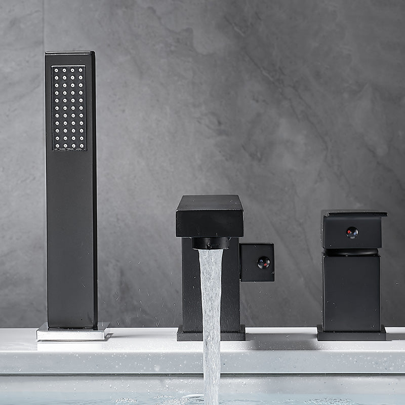 Deck Mounted Bronze Roman Tub Faucet Low Arc Roman Tub Faucet Set Black Clearhalo 'Bathroom Remodel & Bathroom Fixtures' 'Bathtub Faucets' 'bathtub_faucets' 'Home Improvement' 'home_improvement' 'home_improvement_bathtub_faucets' 7038489