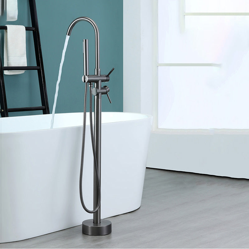 Contemporary Floor Mounted Metal Double Handle High Arc Floor Mount Grey Concealed Installation Clearhalo 'Bathroom Remodel & Bathroom Fixtures' 'Bathtub Faucets' 'bathtub_faucets' 'Home Improvement' 'home_improvement' 'home_improvement_bathtub_faucets' 7038504