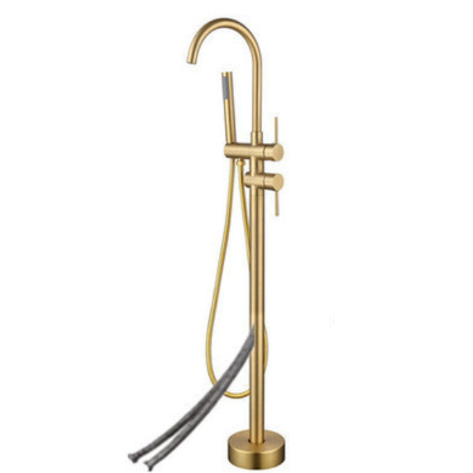 Contemporary Floor Mounted Metal Double Handle High Arc Floor Mount Gold Wall Mounted Clearhalo 'Bathroom Remodel & Bathroom Fixtures' 'Bathtub Faucets' 'bathtub_faucets' 'Home Improvement' 'home_improvement' 'home_improvement_bathtub_faucets' 7038510