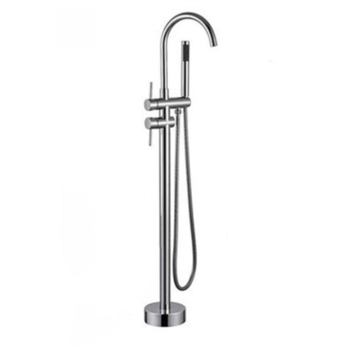 Contemporary Floor Mounted Metal Double Handle High Arc Floor Mount Silver Clearhalo 'Bathroom Remodel & Bathroom Fixtures' 'Bathtub Faucets' 'bathtub_faucets' 'Home Improvement' 'home_improvement' 'home_improvement_bathtub_faucets' 7038515