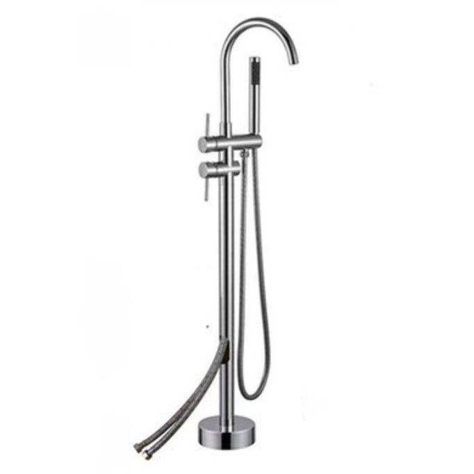 Contemporary Floor Mounted Metal Double Handle High Arc Floor Mount Silver Wall Mounted Clearhalo 'Bathroom Remodel & Bathroom Fixtures' 'Bathtub Faucets' 'bathtub_faucets' 'Home Improvement' 'home_improvement' 'home_improvement_bathtub_faucets' 7038516
