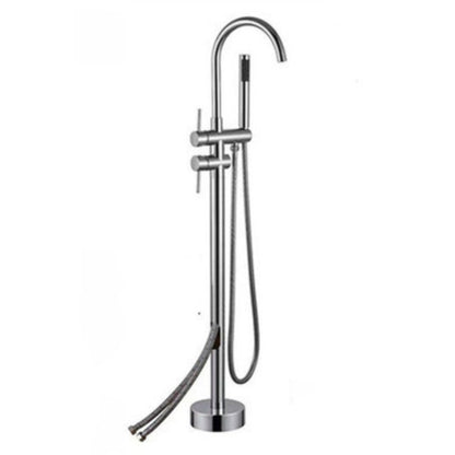 Contemporary Floor Mounted Metal Double Handle High Arc Floor Mount Silver Wall Mounted Clearhalo 'Bathroom Remodel & Bathroom Fixtures' 'Bathtub Faucets' 'bathtub_faucets' 'Home Improvement' 'home_improvement' 'home_improvement_bathtub_faucets' 7038516