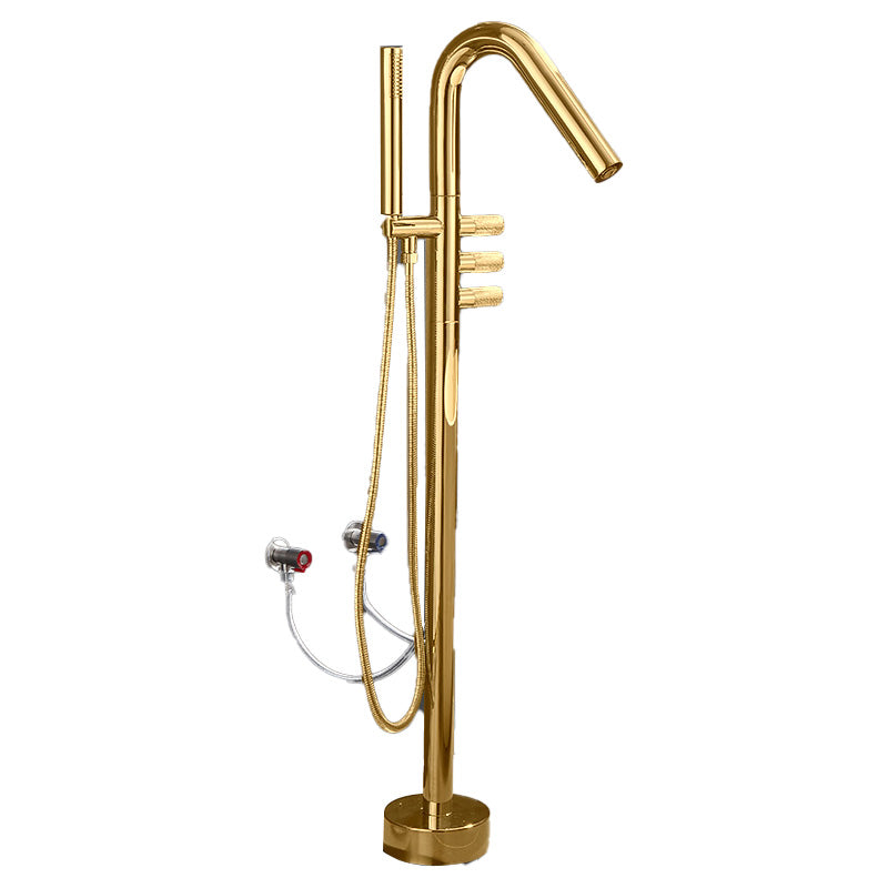 Floor Mounted Bronze Freestanding Tub Filler Freestanding High Arc Tub Filler Trim Gold Hand Shower Included Wall Clearhalo 'Bathroom Remodel & Bathroom Fixtures' 'Bathtub Faucets' 'bathtub_faucets' 'Home Improvement' 'home_improvement' 'home_improvement_bathtub_faucets' 7038533