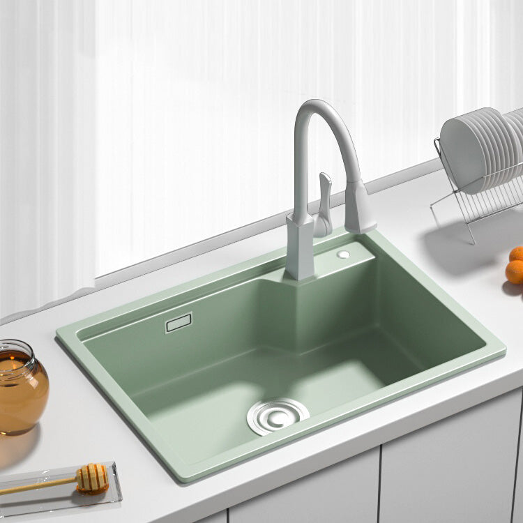 Rectangle Quartz Kitchen Sink in Peppermint Green Single Bowl Sink 27"L x 19"W x 8"H Sink with Faucet Pull Out Faucet Clearhalo 'Home Improvement' 'home_improvement' 'home_improvement_kitchen_sinks' 'Kitchen Remodel & Kitchen Fixtures' 'Kitchen Sinks & Faucet Components' 'Kitchen Sinks' 'kitchen_sinks' 7039850