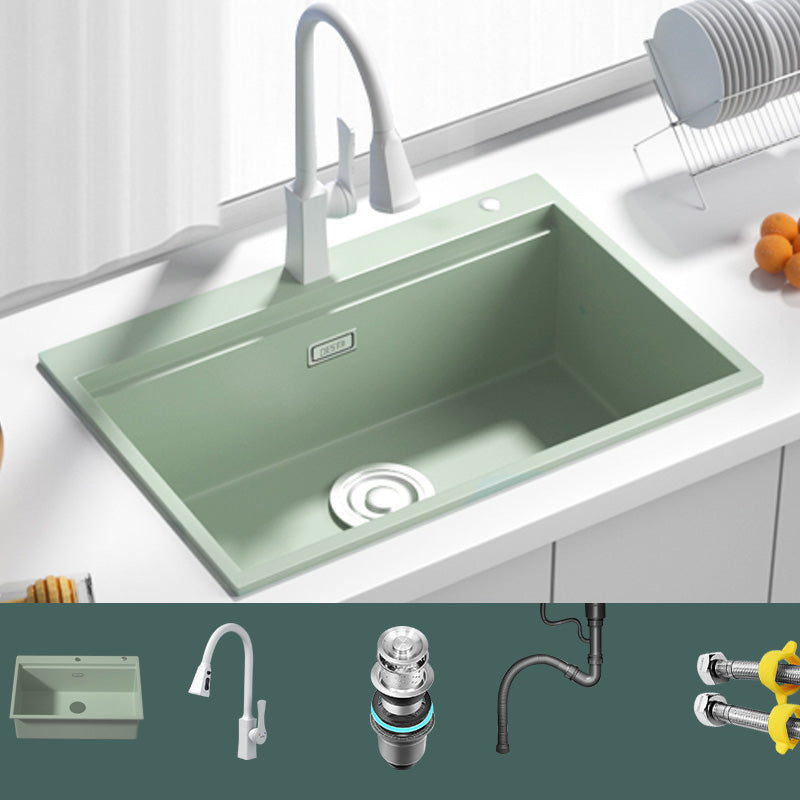 Rectangle Quartz Kitchen Sink in Peppermint Green Single Bowl Sink 24"L x 18"W x 8"H Sink with Faucet Pull Out Faucet Clearhalo 'Home Improvement' 'home_improvement' 'home_improvement_kitchen_sinks' 'Kitchen Remodel & Kitchen Fixtures' 'Kitchen Sinks & Faucet Components' 'Kitchen Sinks' 'kitchen_sinks' 7039858