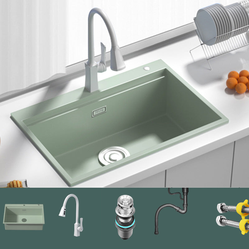 Rectangle Quartz Kitchen Sink in Peppermint Green Single Bowl Sink 28"L x 19"W x 8"H Sink with Faucet Pull Out Faucet Clearhalo 'Home Improvement' 'home_improvement' 'home_improvement_kitchen_sinks' 'Kitchen Remodel & Kitchen Fixtures' 'Kitchen Sinks & Faucet Components' 'Kitchen Sinks' 'kitchen_sinks' 7039867