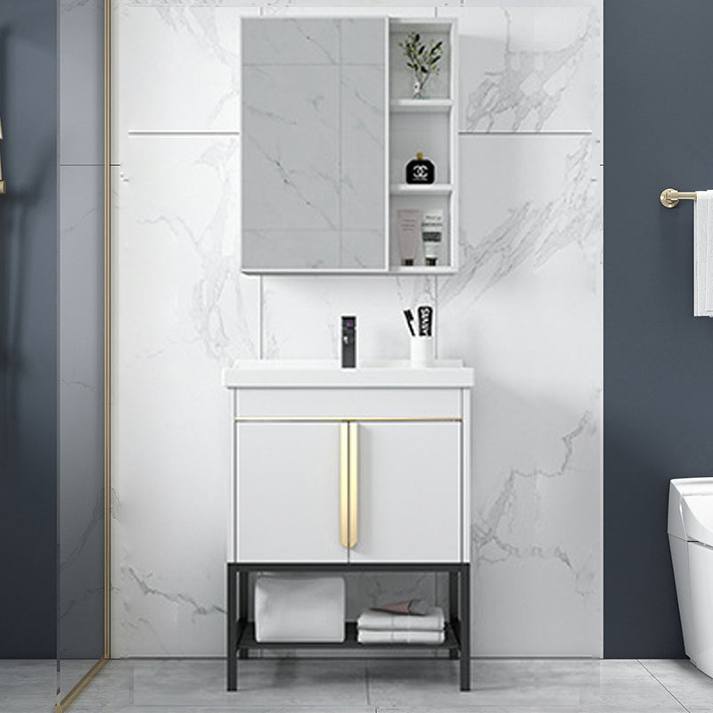 Bathroom Vanity Rectangular Drawers Mirror Storage Shelf with Faucet Vanity & Faucet & Mirror Cabinet 24"L x 19"W x 31"H White Clearhalo 'Bathroom Remodel & Bathroom Fixtures' 'Bathroom Vanities' 'bathroom_vanities' 'Home Improvement' 'home_improvement' 'home_improvement_bathroom_vanities' 7041689