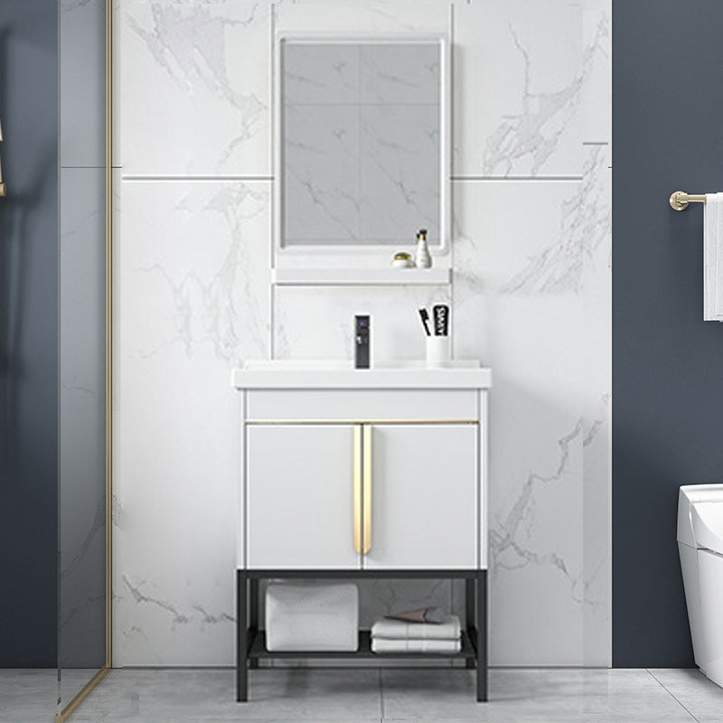 Bathroom Vanity Rectangular Drawers Mirror Storage Shelf with Faucet Vanity & Faucet & Mirrors 24"L x 19"W x 31"H White Clearhalo 'Bathroom Remodel & Bathroom Fixtures' 'Bathroom Vanities' 'bathroom_vanities' 'Home Improvement' 'home_improvement' 'home_improvement_bathroom_vanities' 7041696